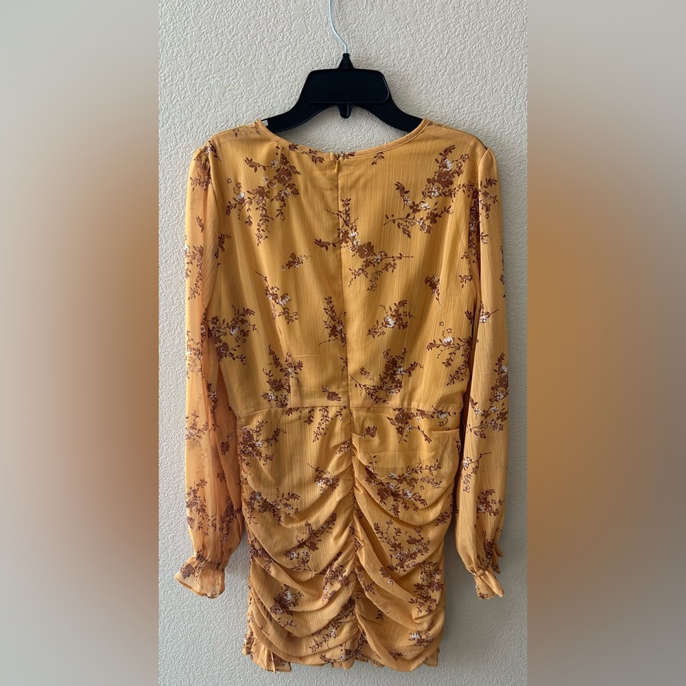 Vici Collection Floral Ruched Long Sleeve Minidress In Mustard Size Medium - Picture 7 of 10